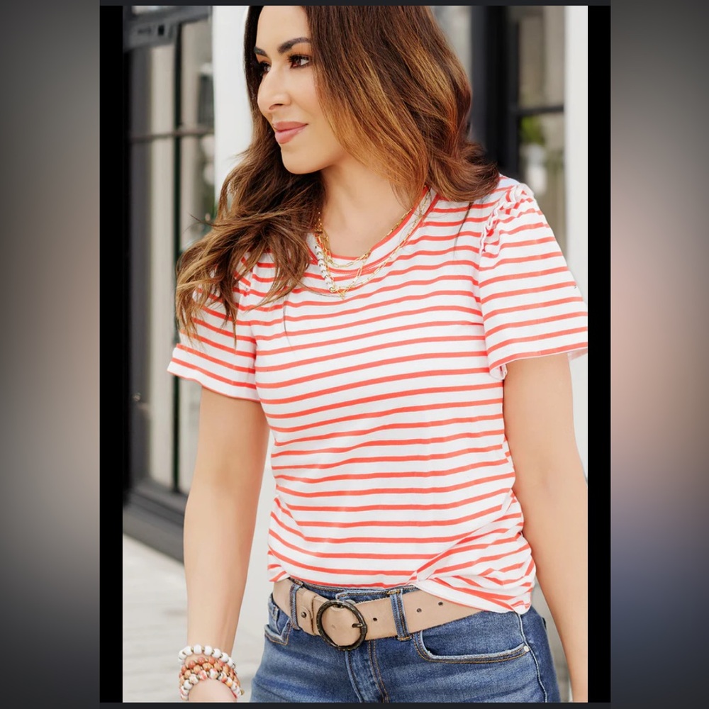 Old Navy Coral and White Striped Cotton Tee